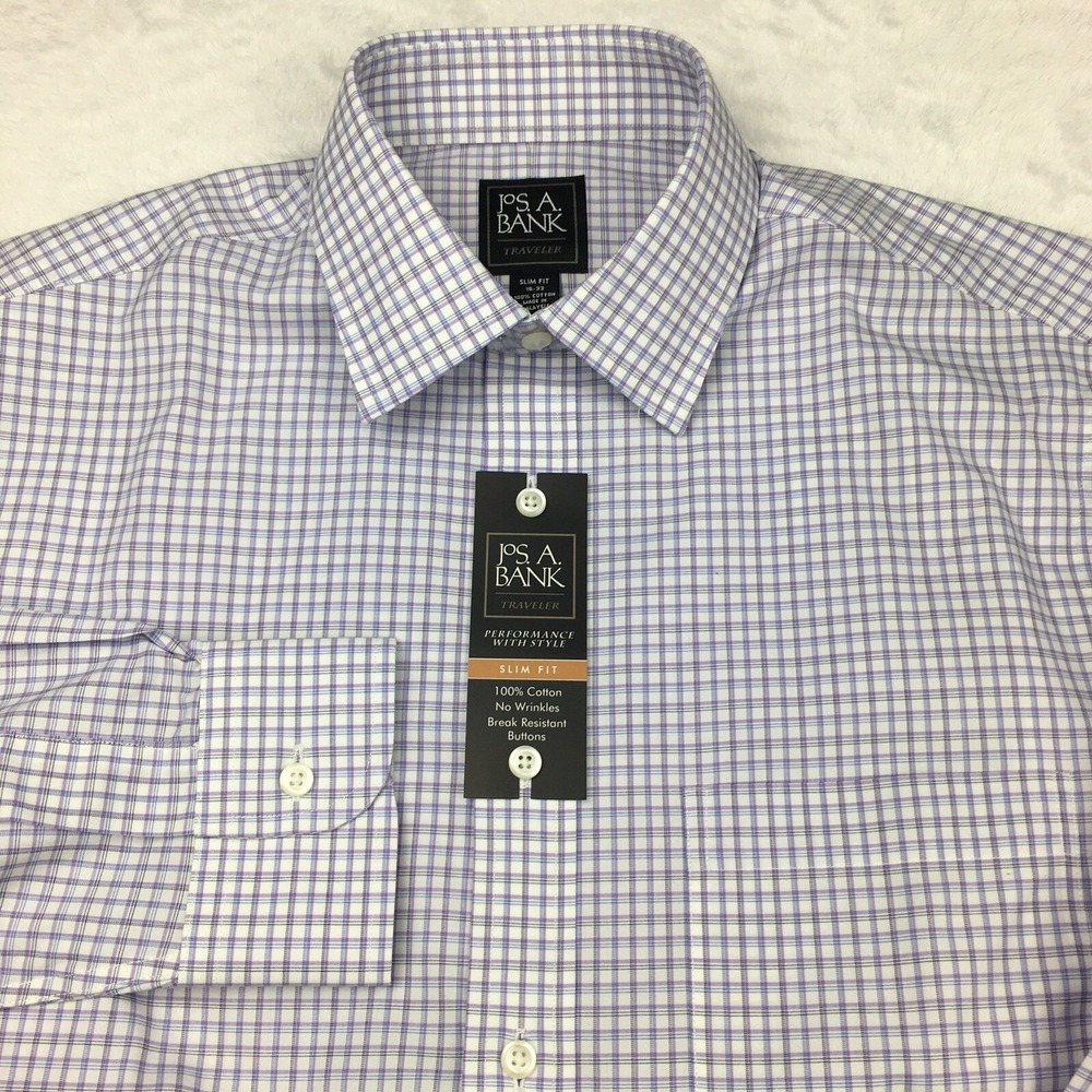 Jos.A.Bank Dress Shirt Mens 15-33 Purple/Blue Checks Slim Fit Wrinkle Free NWT!